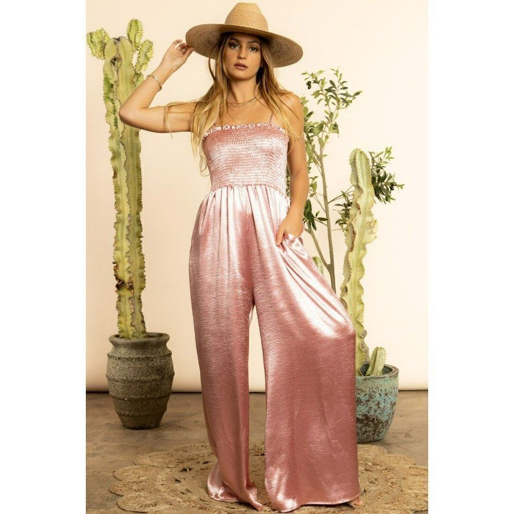SALE! Blue Buttercup Blush Pink Satin Wide Leg Smocked Jumpsuit Romper P83504